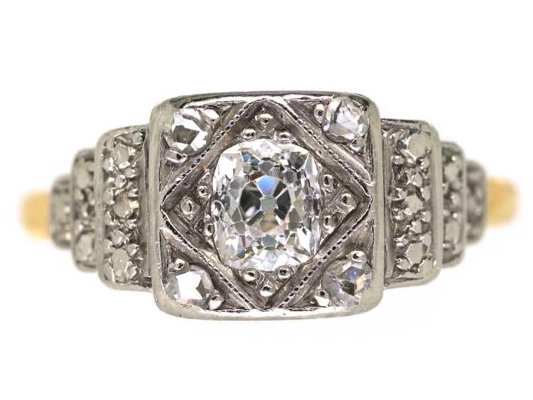 Art Deco 18ct Gold, Platinum & Diamond Solitaire Ring With Stepped Diamond Set Shoulders