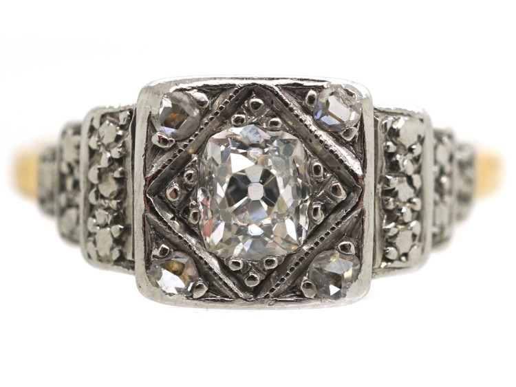 Art Deco 18ct Gold, Platinum & Diamond Solitaire Ring With Stepped Diamond Set Shoulders