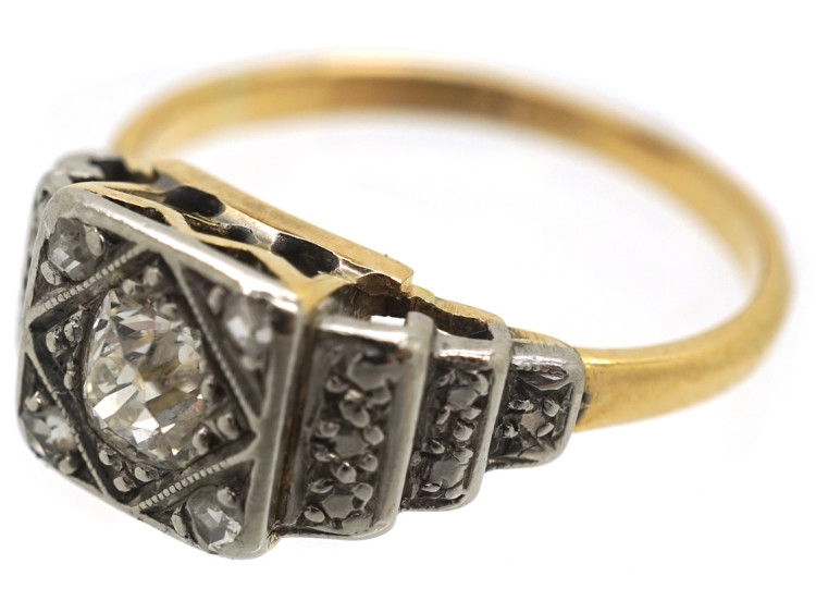 Art Deco 18ct Gold, Platinum & Diamond Solitaire Ring With Stepped Diamond Set Shoulders