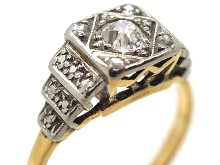 Art Deco 18ct Gold, Platinum & Diamond Solitaire Ring With Stepped Diamond Set Shoulders