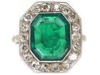 Art Deco 18ct White Gold & Platinum, Emerald & Diamond Ring