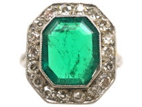 Art Deco 18ct White Gold & Platinum, Emerald & Diamond Ring