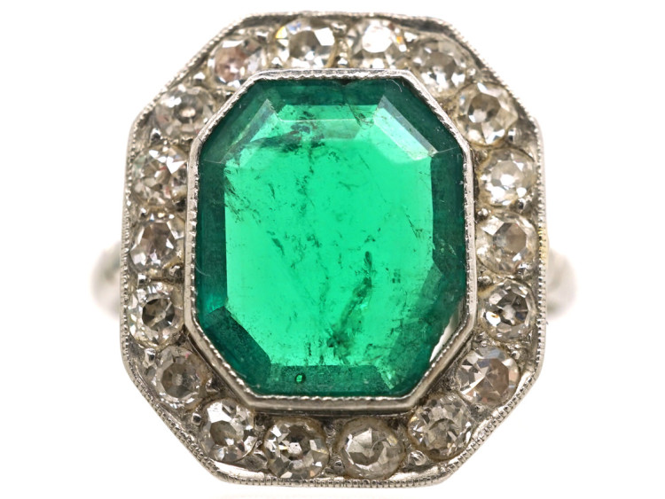 Art Deco 18ct White Gold & Platinum, Emerald & Diamond Ring