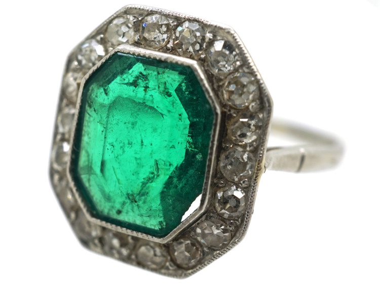 Art Deco 18ct White Gold & Platinum, Emerald & Diamond Ring