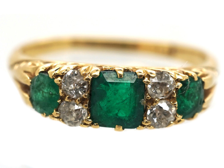 Victorian 18ct Gold, Emerald & Diamond Carved Half Hoop Ring