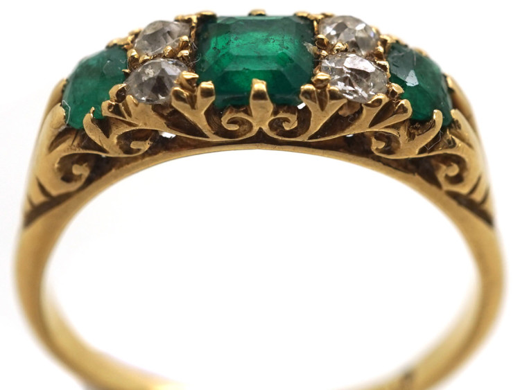 Victorian 18ct Gold, Emerald & Diamond Carved Half Hoop Ring
