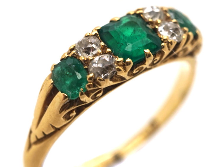 Victorian 18ct Gold, Emerald & Diamond Carved Half Hoop Ring