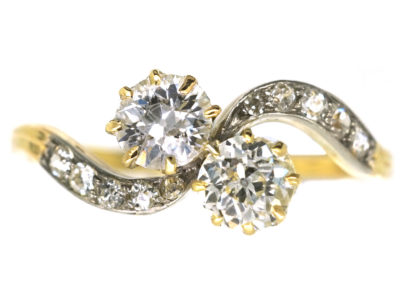 Edwardian 18ct Gold, Platinum & Diamond Two Stone Crossover Ring