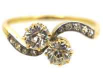 Edwardian 18ct Gold, Platinum & Diamond Two Stone Crossover Ring