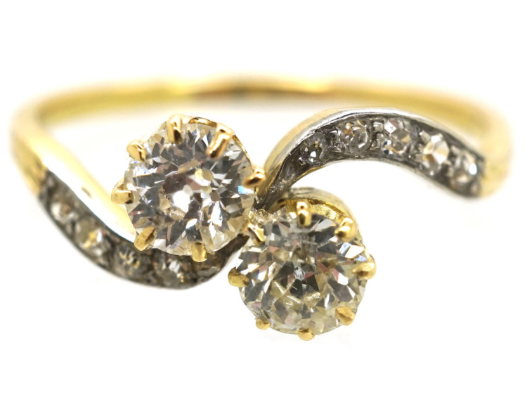 Edwardian 18ct Gold, Platinum & Diamond Two Stone Crossover Ring