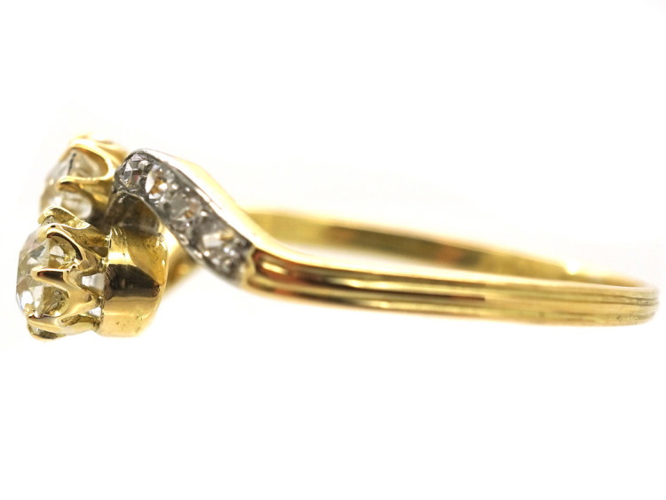 Edwardian 18ct Gold, Platinum & Diamond Two Stone Crossover Ring