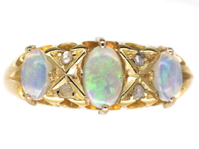 Edwardian 18ct Gold, Rose Diamond & Opal Three Stone Ring