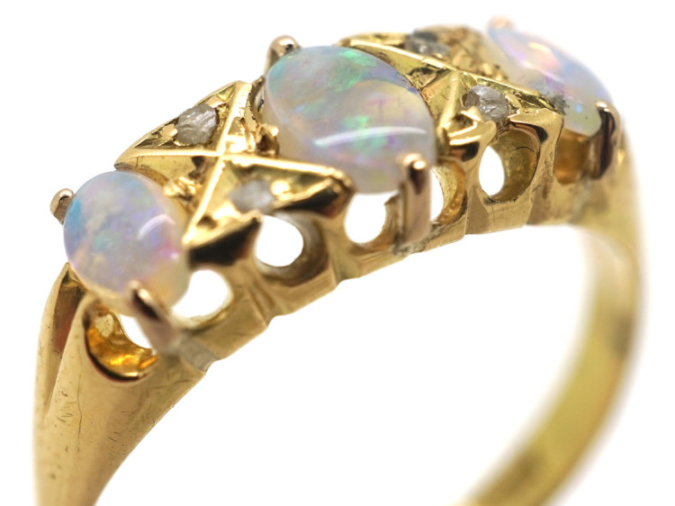 Edwardian 18ct Gold, Rose Diamond & Opal Three Stone Ring