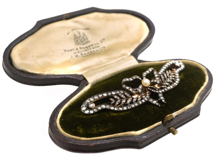 Edwardian Rose Diamond & Natural Pearl Hair slide in Original Case