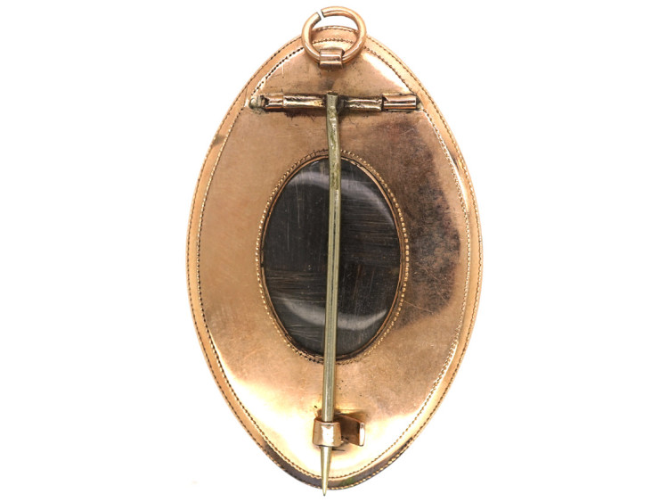 Georgian Gold Navette Shaped Mourning Brooch with Miniature of Lady & Angel