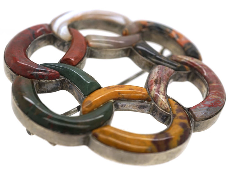 Victorian Scottish Silver & Agate Interlocking Rings Brooch