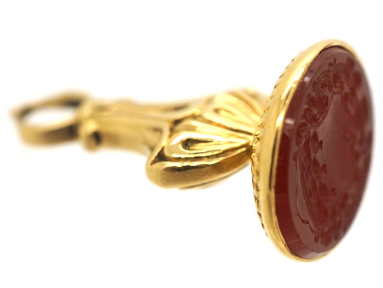 Georgian 15ct Gold Seal With Carnelian Intaglio of a Crest