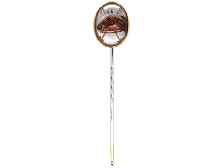 Reverse Intaglio Rock Crystal Tie Pin of a Polo Pony With Two Mallets