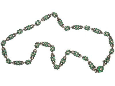 Edwardian Silver, Green Paste & Marcasite Flower Necklace