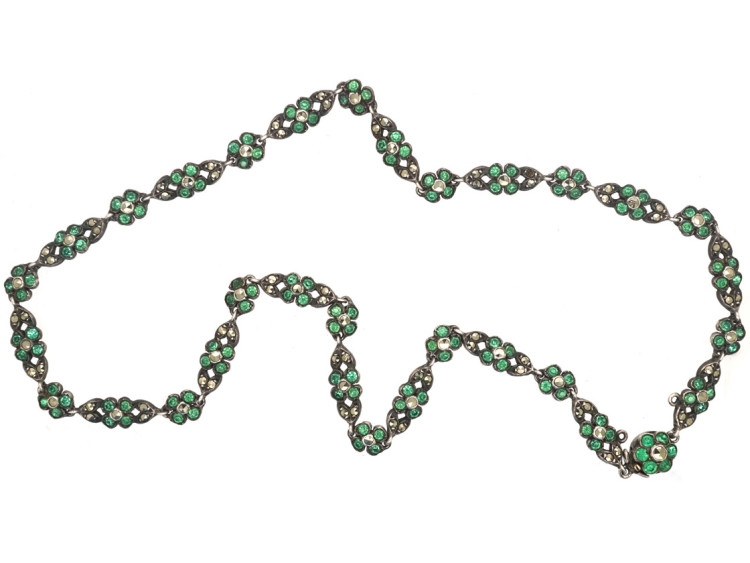 Edwardian Silver, Green Paste & Marcasite Flower Necklace