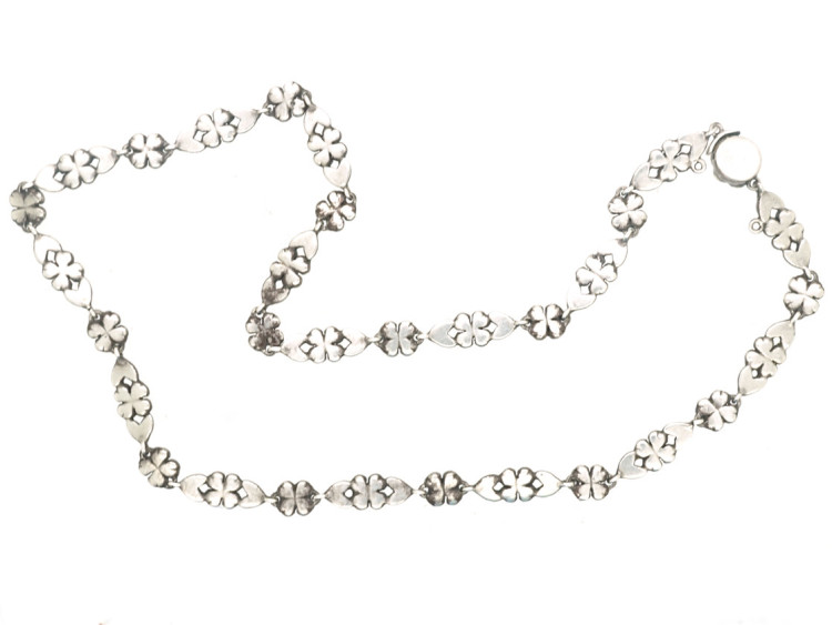 Edwardian Silver, Green Paste & Marcasite Flower Necklace