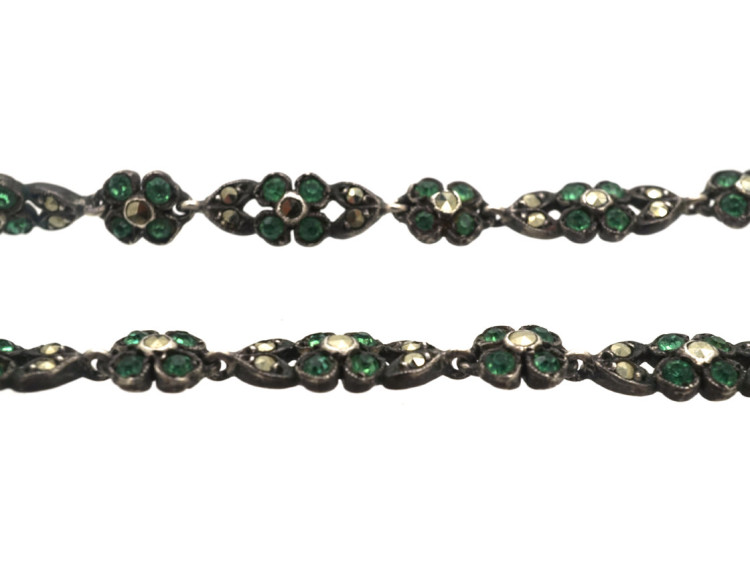 Edwardian Silver, Green Paste & Marcasite Flower Necklace