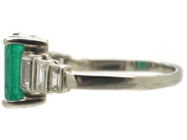 Art Deco 18ct White Gold, Emerald & Diamond Step Cut Ring
