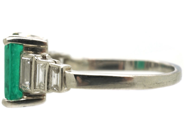 Art Deco 18ct White Gold, Emerald & Diamond Step Cut Ring