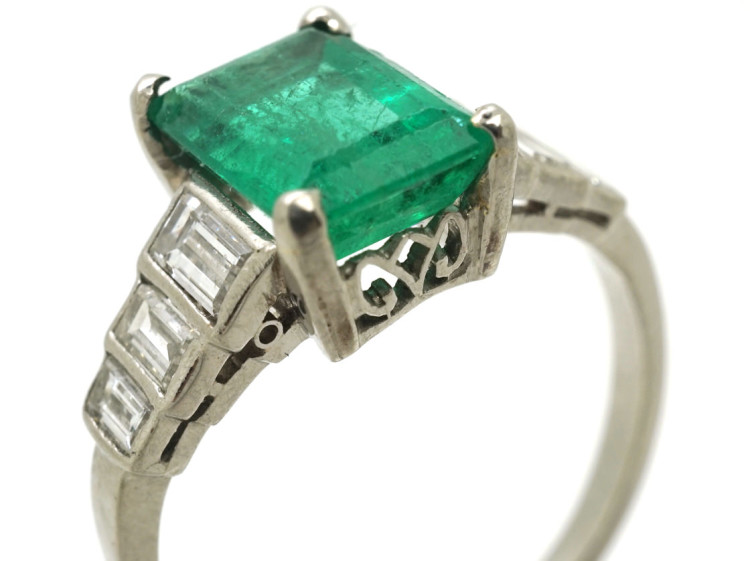 Art Deco 18ct White Gold, Emerald & Diamond Step Cut Ring
