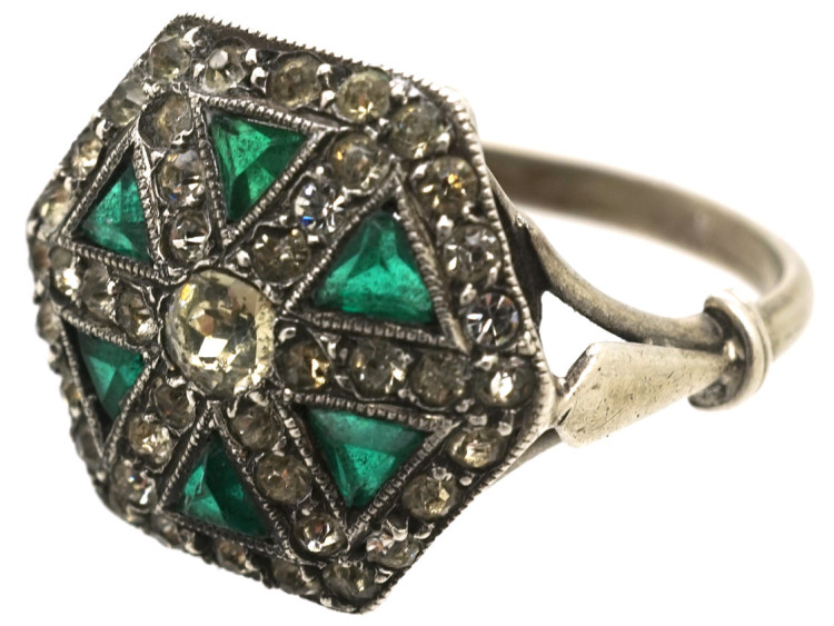 Art Deco Silver, Green & White Paste Ring
