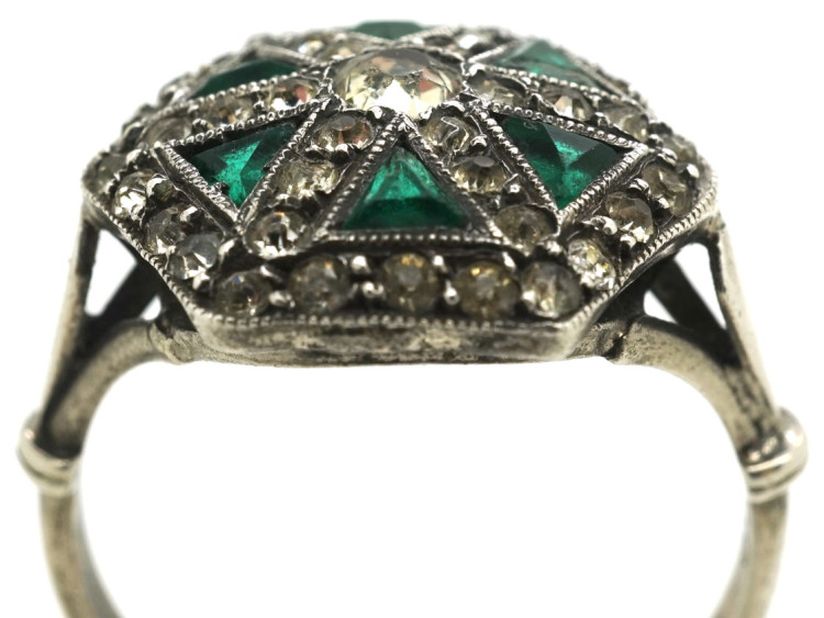 Art Deco Silver, Green & White Paste Ring