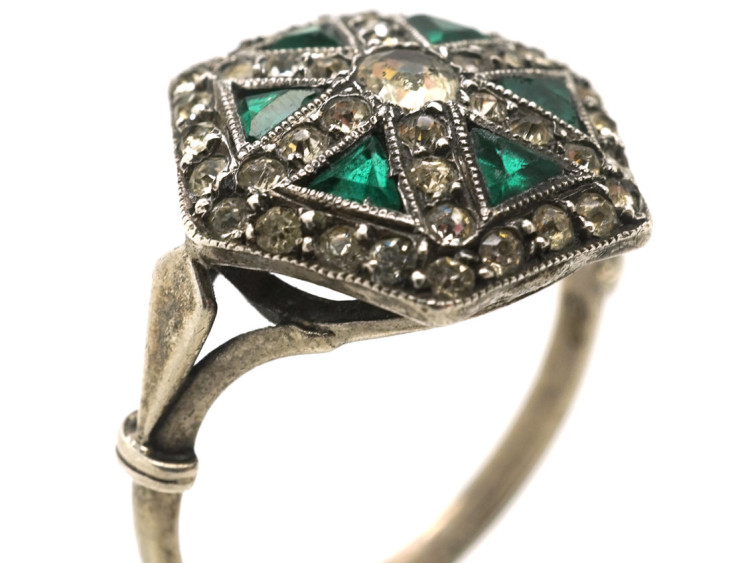 Art Deco Silver, Green & White Paste Ring