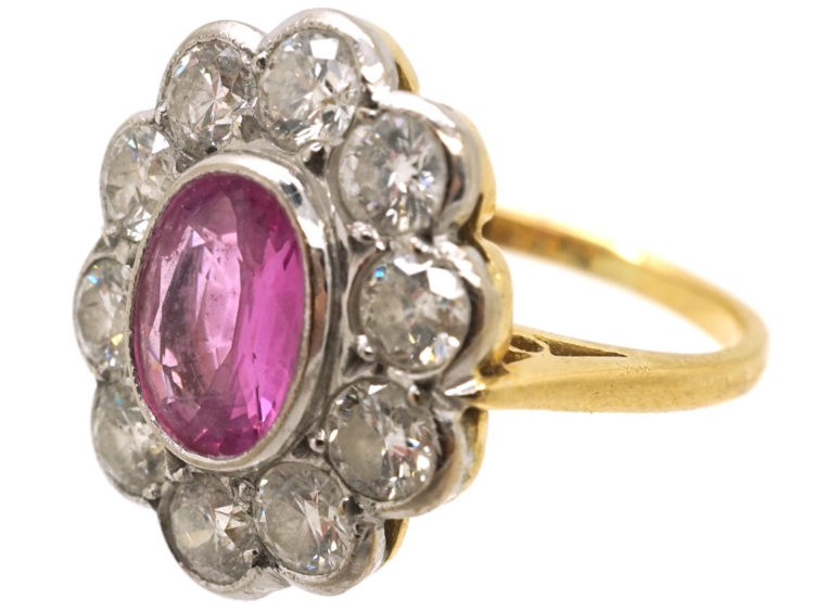 18ct White & Yellow Gold, Pink Sapphire & Diamond Oval Cluster Ring