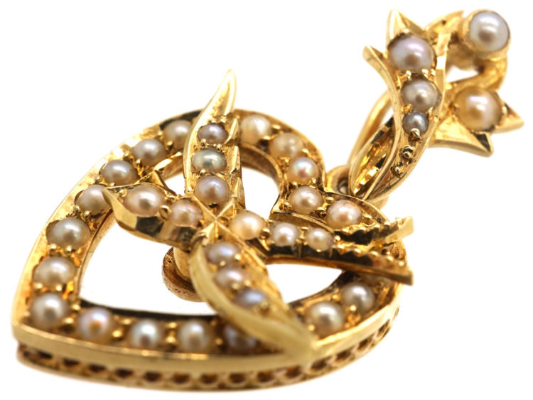 Edwardian 15ct Gold Heart & Swallow Pendant Set With Natural Split Pearls