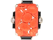 Art Deco Silver, Carved Coral & Onyx & Diamond Ring