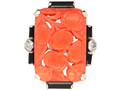 Art Deco Silver, Carved Coral & Onyx & Diamond Ring