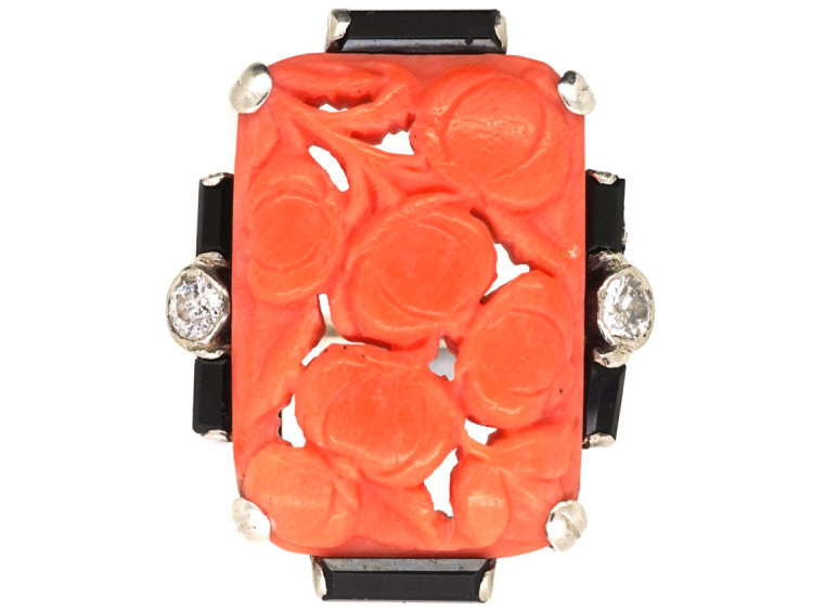 Art Deco Silver, Carved Coral & Onyx & Diamond Ring