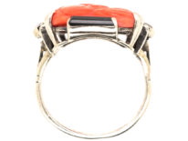 Art Deco Silver, Carved Coral & Onyx & Diamond Ring