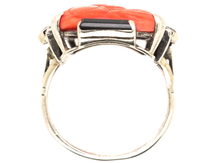 Art Deco Silver, Carved Coral & Onyx & Diamond Ring