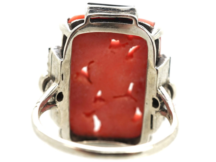 Art Deco Silver, Carved Coral & Onyx & Diamond Ring