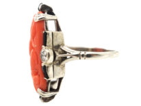 Art Deco Silver, Carved Coral & Onyx & Diamond Ring