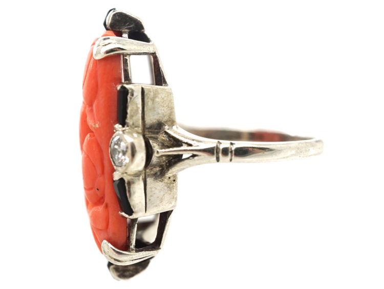 Art Deco Silver, Carved Coral & Onyx & Diamond Ring