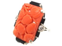Art Deco Silver, Carved Coral & Onyx & Diamond Ring