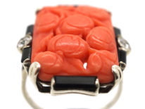 Art Deco Silver, Carved Coral & Onyx & Diamond Ring