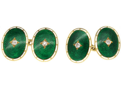 Edwardian 18ct Gold, Green & White Enamel Oval Cufflinks Set With Diamonds