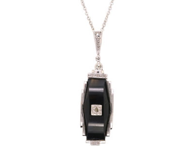 Art Deco Onyx & Diamond Pendant on Silver Chain