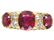 Victorian 18ct Gold, Ruby & Diamond Three Stone Carved Half Hoop Ring