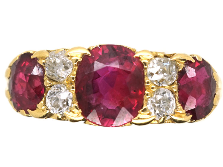 Victorian 18ct Gold, Ruby & Diamond Three Stone Carved Half Hoop Ring