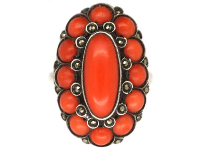 Art Deco Silver, Coral & Marcasite Ring