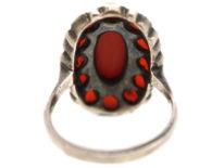 Art Deco Silver, Coral & Marcasite Ring